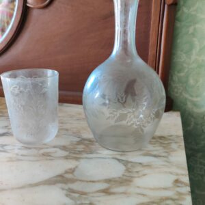 Service de Nuit Ancien Cristal Gravé - Carafe & Verre - Décor Floral