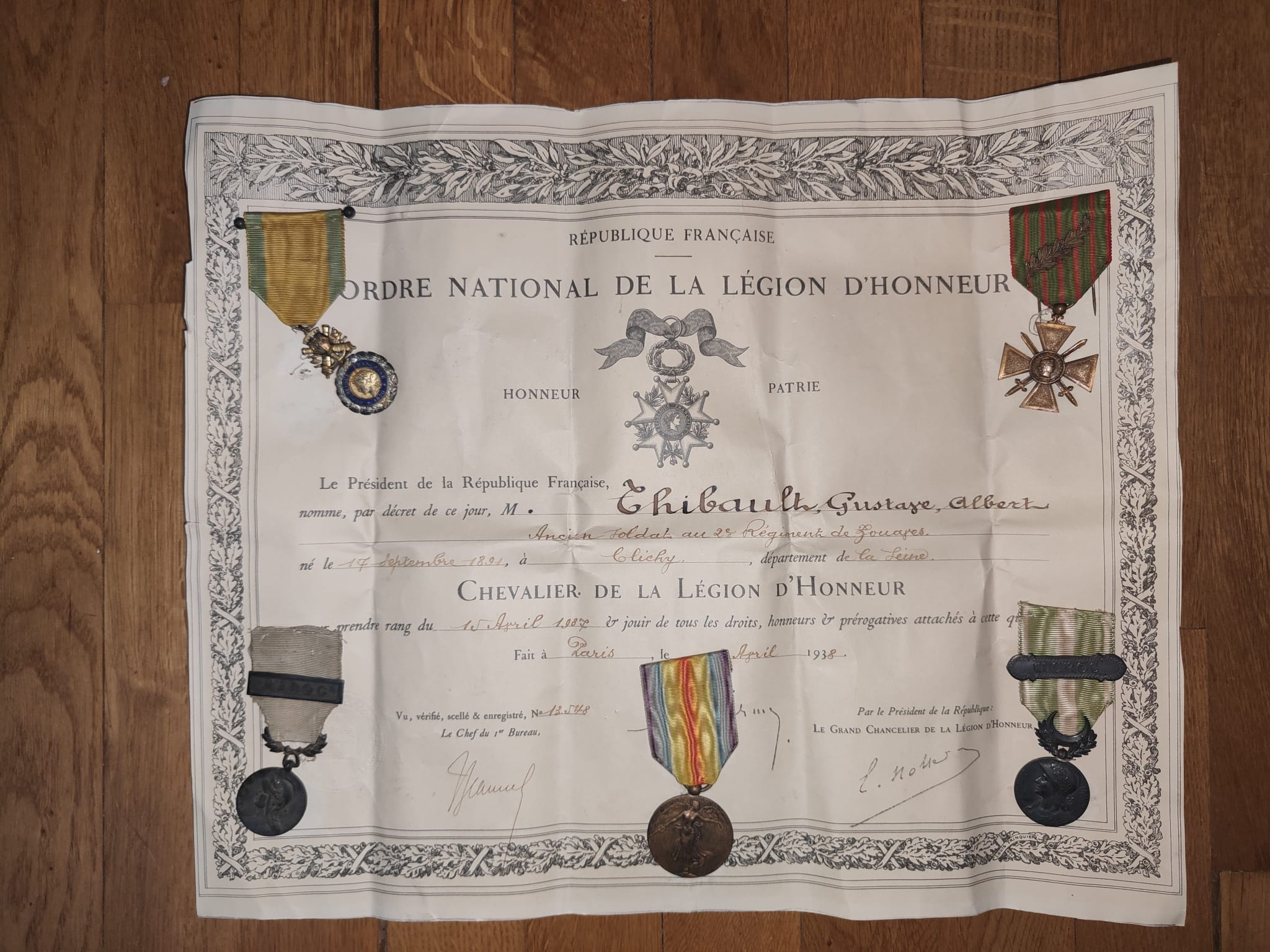 Ensemble de décorations militaires attribuées – Légion d'honneur – Médaille militaire – Maroc – Gustave Albert Thibault