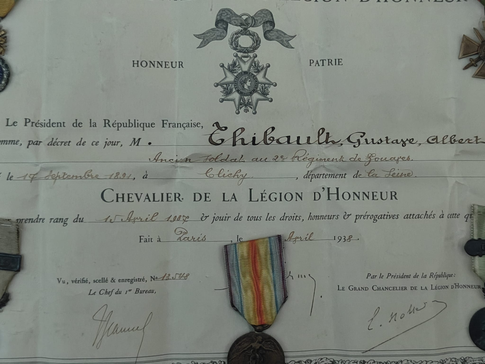 Ensemble de décorations militaires attribuées – Légion d'honneur – Médaille militaire – Maroc – Gustave Albert Thibault – Image 4