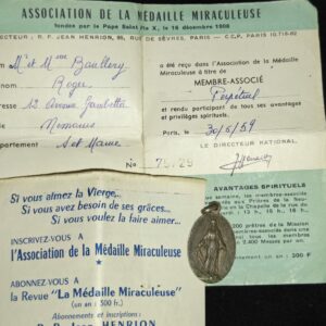 Médaille Miraculeuse avec certificat d'adhésion nominatif – Association de la Médaille Miraculeuse (1959)